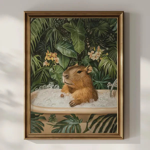 Vintage Capybara in Bathtub Bathroom Art Print