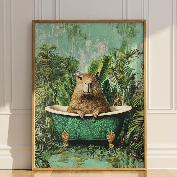 Capybara In Bathtub Vintage Botanical Art Print