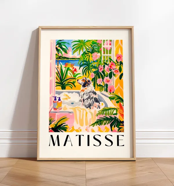 Australian Shepherd In Bathtub, Matisse-Inspired Art Print