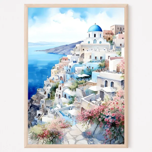 Santorini Watercolor Travel Poster, Greece Wall Art