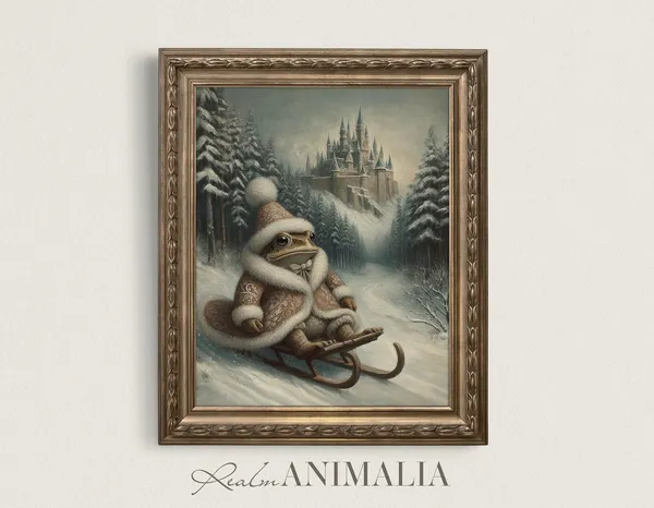 Winter Sledding Toad Vintage Storybook Art Print