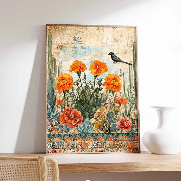 Vintage Mexican Floral Poster, Latin Decor Art Print