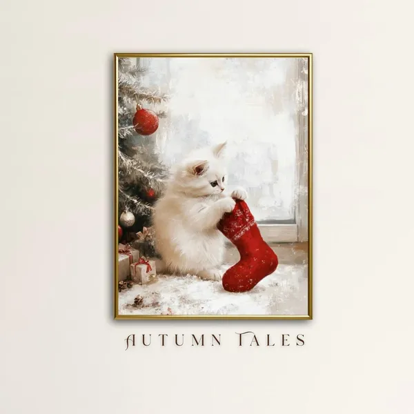 Christmas Kitten With Stocking, Festive Home Decor