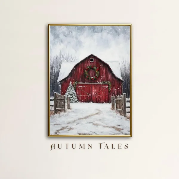 Cottagecore Christmas Rustic Red Barn Art Print