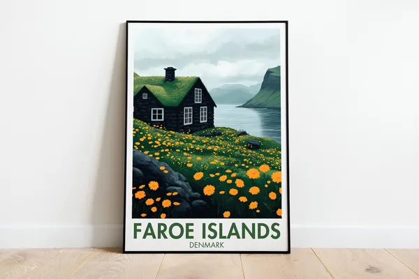 Faroe Travel Poster, Denmark Bay Village Print