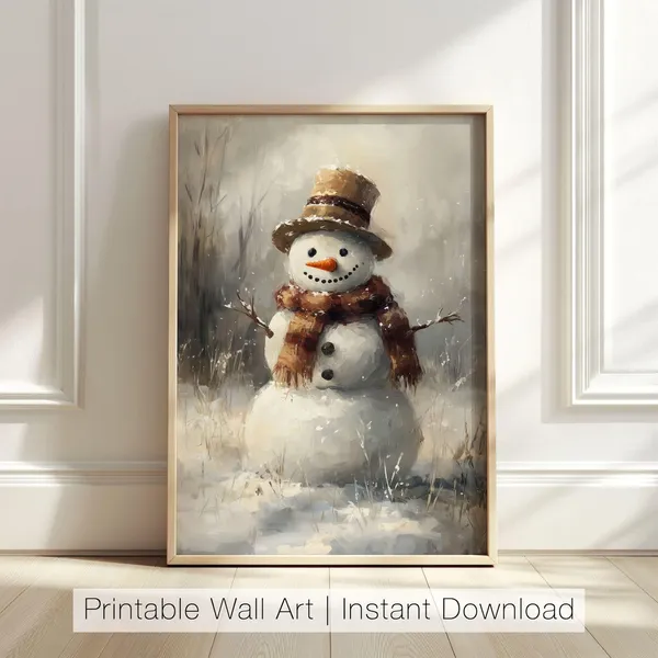 Vintage Snowman Art Print, Rustic Winter Decor