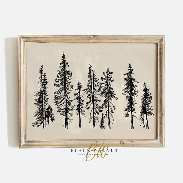 Winter Trees Sketch Art, Neutral Christmas Farmhouse Print