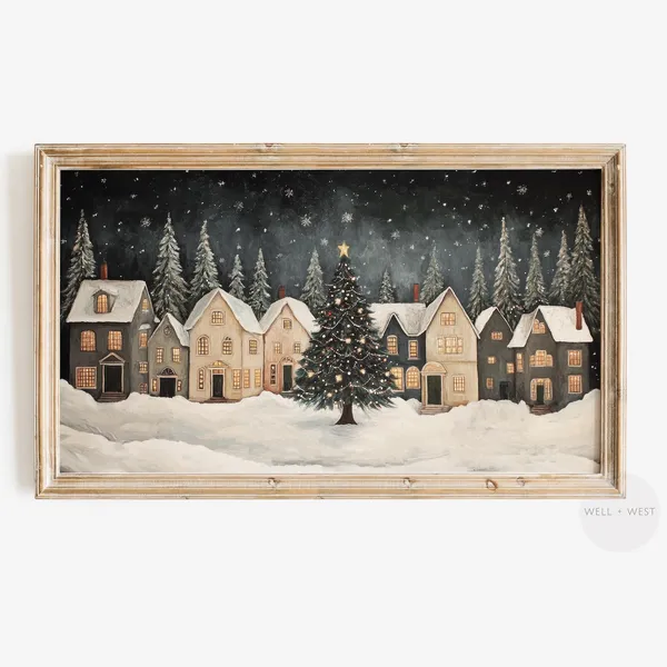 Winter Night Village Vintage Holiday Art Print