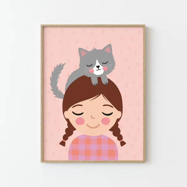 Personalized Girl With a Cat Peachy Art Print