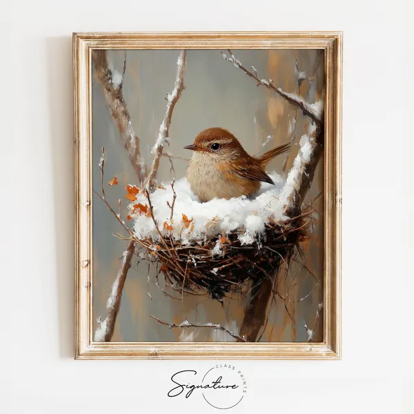 Winter Wren in Snow-Filled Nest Rustic Wildlife Art Print