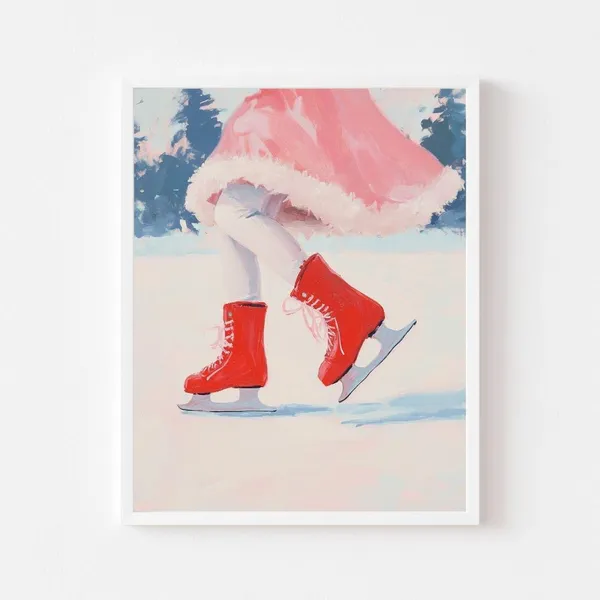 Girl Ice Skating Pink Christmas Red Skates Art Print
