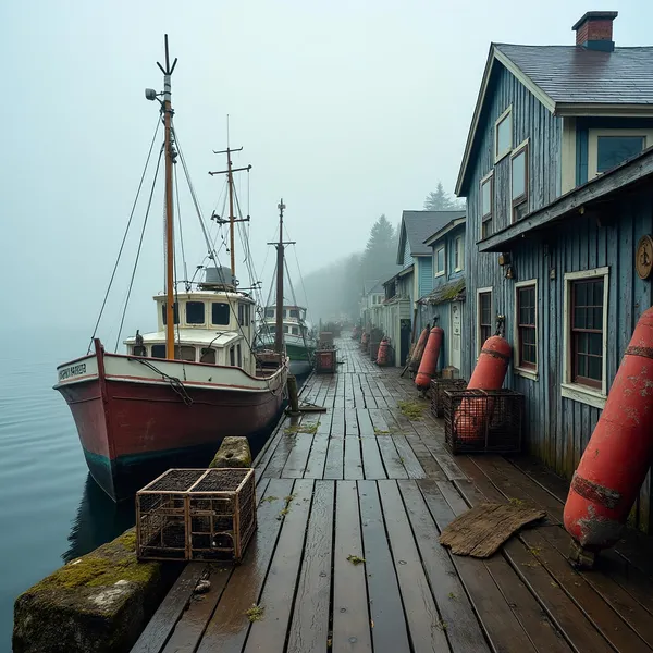 Rustic Foggy Wharf With Vintage Boats, Wall Art Print