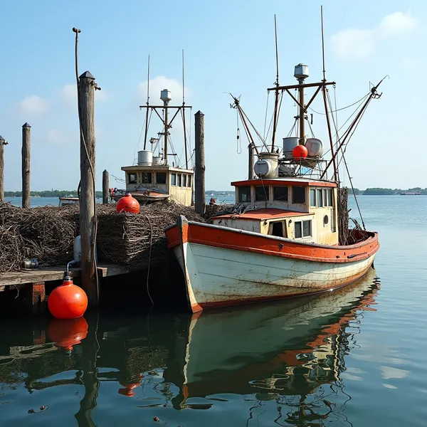 Vintage Lobster Boats by Dock, Rustic Nautical Art Print