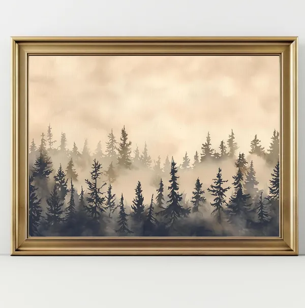 Vintage Pine Tree Forest, Moody Winter Landscape