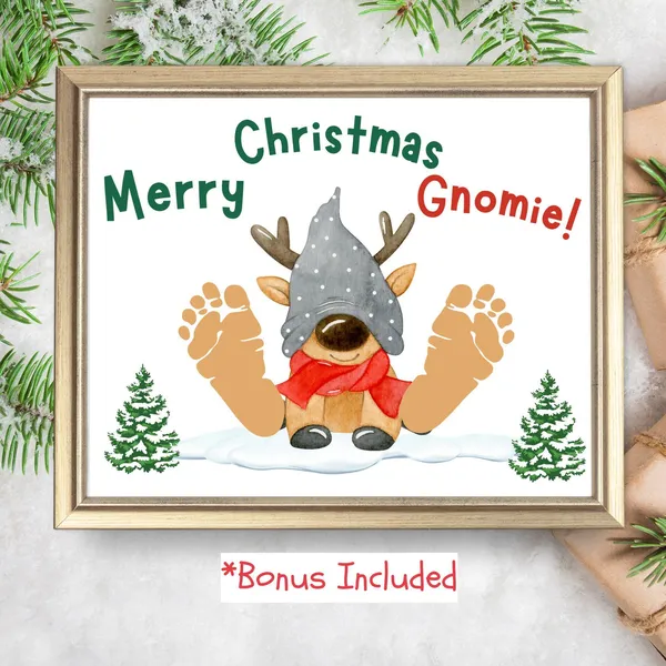 Gnome Christmas Footprint Art, Holiday Keepsake Print