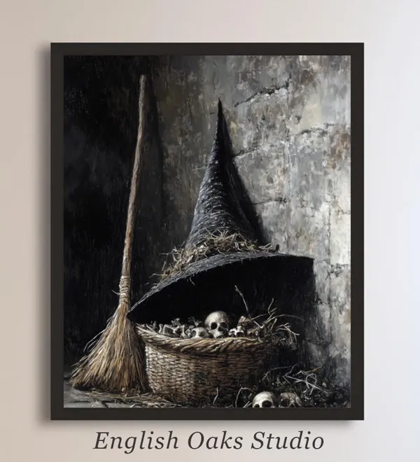 Moody Vintage Halloween Witch Hat Broom And Skulls Art Print