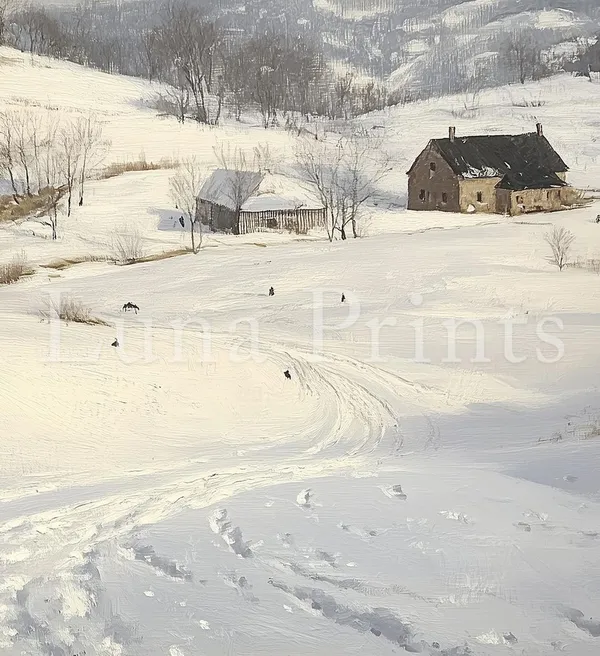 Neutral Winter Landscape Art Print, Snowy Farm