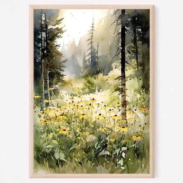 Forest Glade Watercolor Art Print, Wildflowers Scene