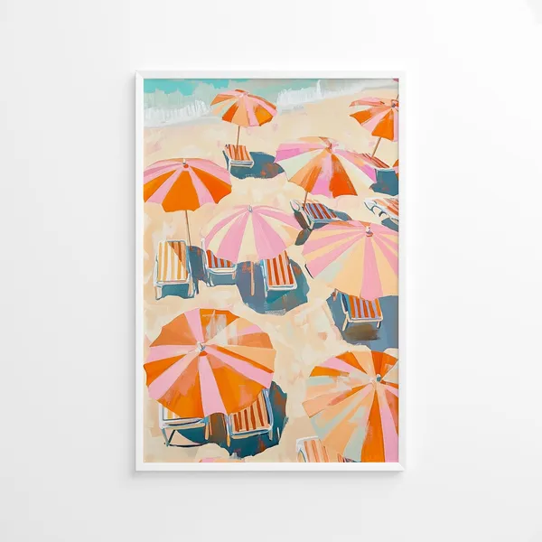 Striped Beach Umbrella Aerial Travel Poster