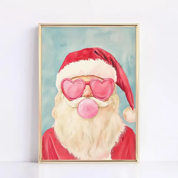 Pink Santa Christmas Wall Art, Girly Holiday Print