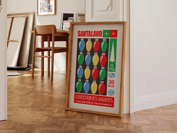 Retro Christmas Lights Art Print, Holiday Kitchen Decor