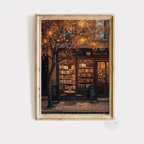 Autumn Coffee Shop Art Print, Moody Cafe Aesthetic