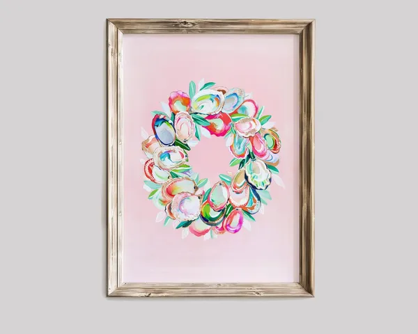 Decorative Oyster Wreath Print, Pastel Retro Holiday