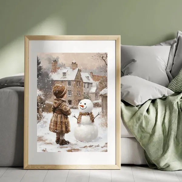 Vintage Snowman Winter Art Print, English Village