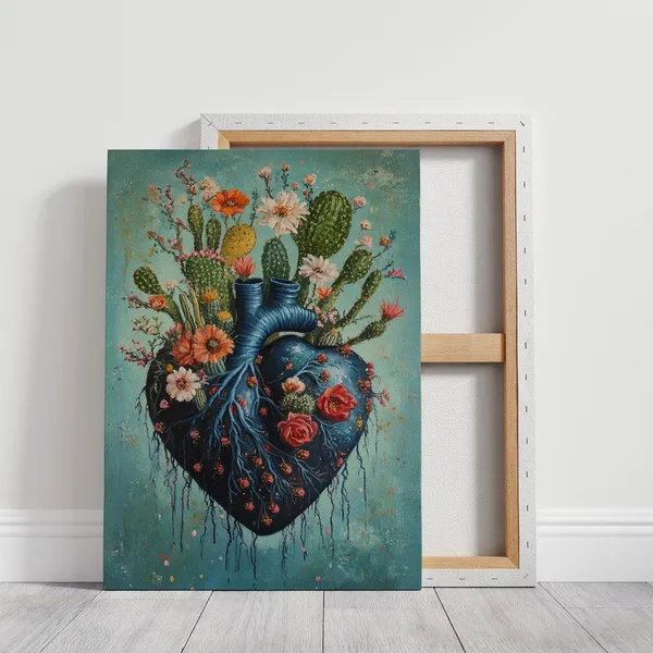 Cactus Heart Art With Blooming Flowers, Botanical
