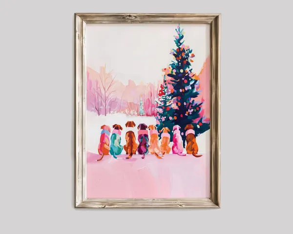 Christmas Pastel Dogs Looking At Lighted Tree