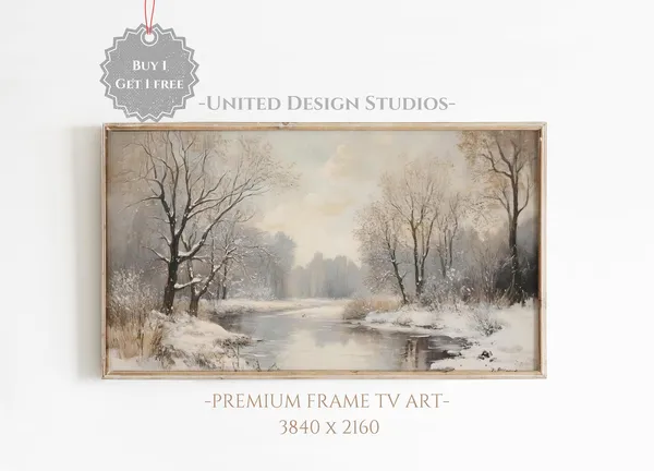 Winter Forest Stream Painting, Neutral Farmhouse Art Print