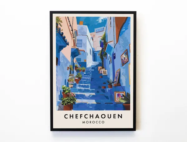 Chefchaouen Travel Poster, Morocco City Print