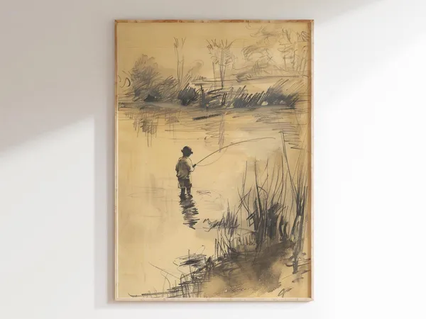 Boy Fishing Vintage Sketch, Farmhouse Cabin Decor Art Print