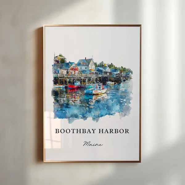 Boothbay Harbor Watercolor Travel Poster, Lincoln County