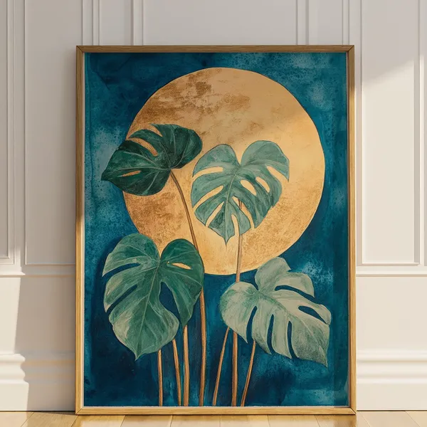 Monstera Leafs Vintage Watercolor Poster, Tropical Plant