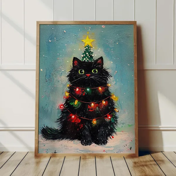 Black Cat Christmas Tree Oil-Painting-Style Art Print