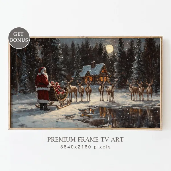 Vintage Christmas Santa and Reindeers, Holiday Art Print