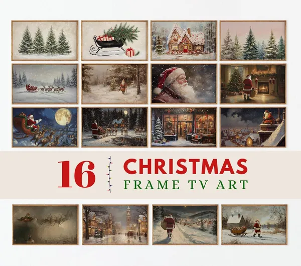 Set of 16 Vintage Christmas Art, Farmhouse Decor