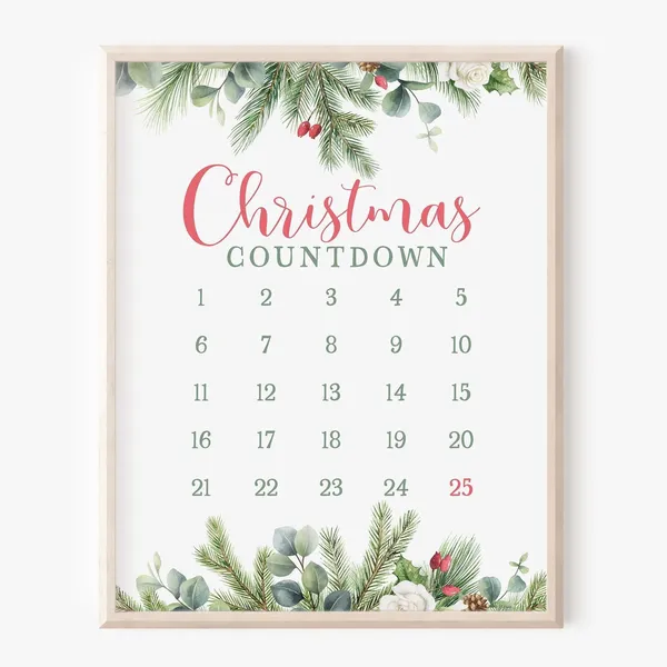 Days Until Christmas Countdown Sign, Holiday Art Print