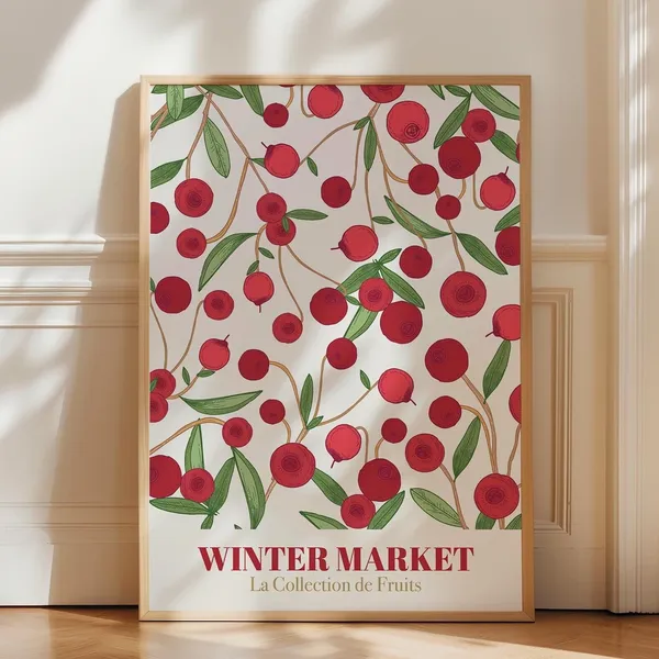 Christmas Winter Market Art Print, Botanical Holiday Decor