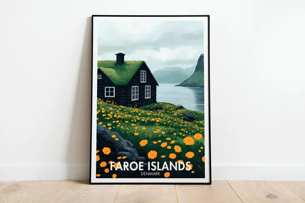 Faroe Islands Travel Poster, Coastal Village Art Print