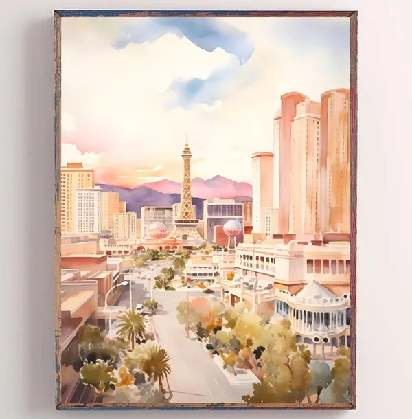 Las Vegas Watercolor Art Print, Nevada Cityscape