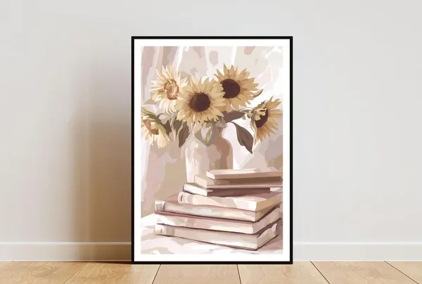 Bookshelf Library Art Print, Sunflower Poster