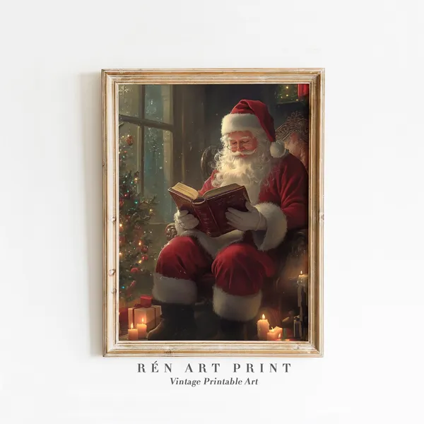 Santa Reading Book Vintage Christmas Wall Print