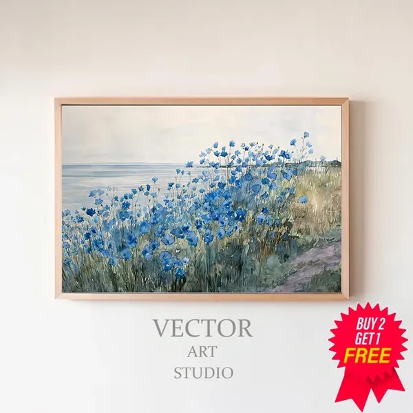 Blue Wildflowers Vintage Watercolor Art Print