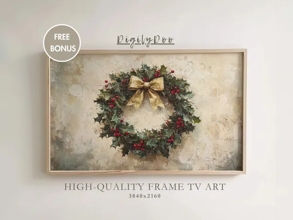 Christmas Rustic Wreath Vintage Holiday Wall Art Print
