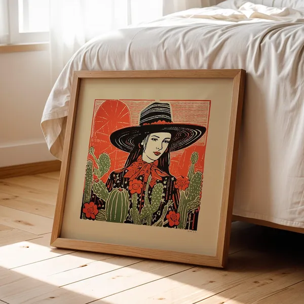 Cowgirl Linocut Western Art Print, Desert Cactus