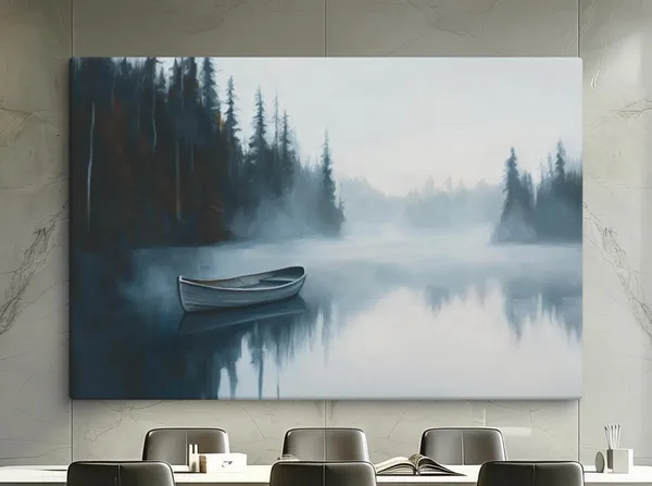 Misty Lake With Boat, Foggy Forest Landscape Art Print