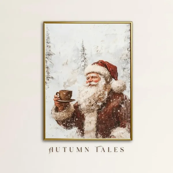 Santa Having Coffee Snow Covered Forest Wall Art Print