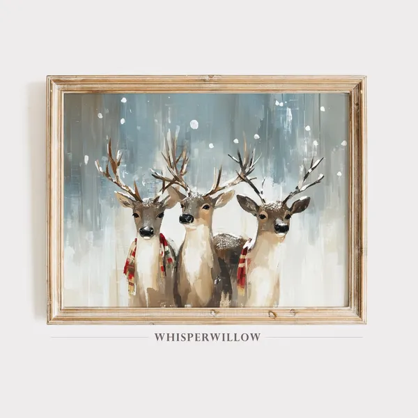 Whimsical Snowy Reindeer Plaid Scarf Holiday Print
